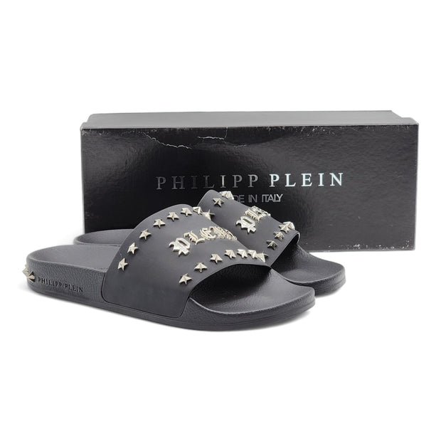 Philipp Plein Flat Gummy Gothic Plein Studded Slides in Black