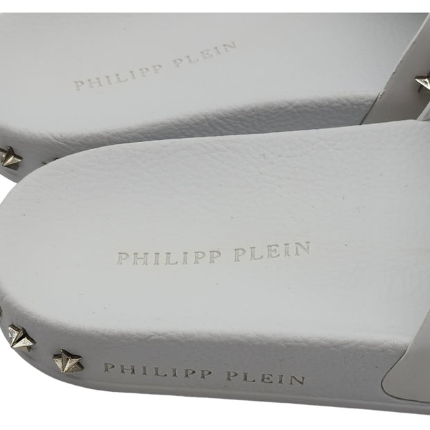 Philipp Plein Flat Gummy Gothic Plein Studded Slides in White