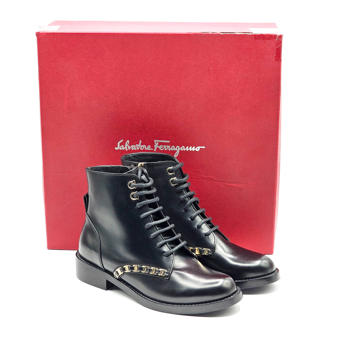 Salvatore Ferragamo Theodore Leather Combat Boots Black EU 34.5 / US 4.5