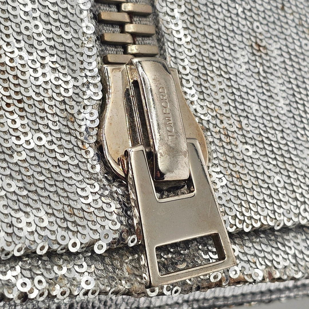 Tom Ford Silver Sequin Clutch With Chain Shoulder Strap with Zipper Detail