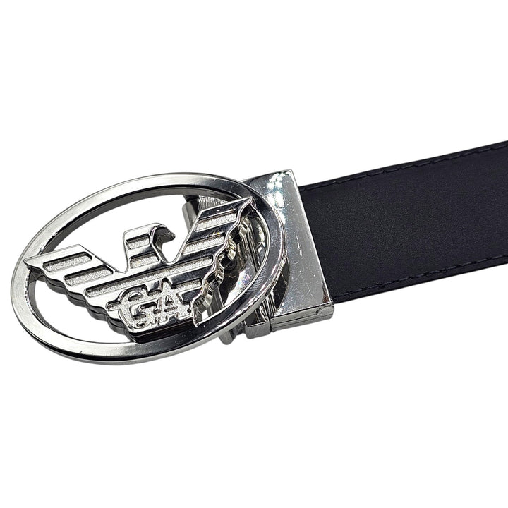Emporio Armani Leather Reversible Belt Black with Silver Eagle Buckle