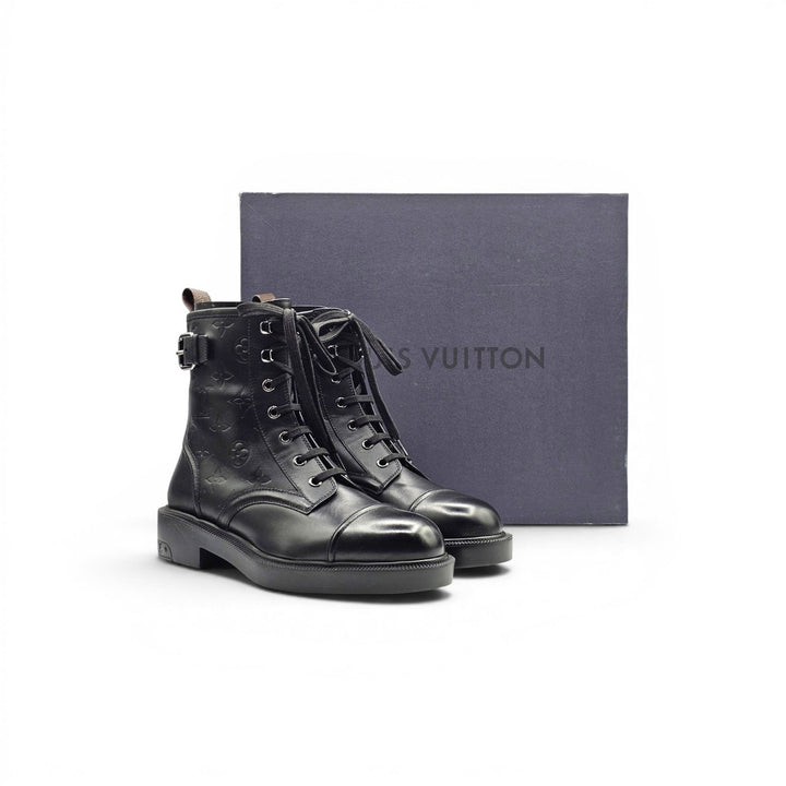 Louis Vuitton Citizen Flat Ranger Boot LV Monogram Embossed Leather Black EU 38