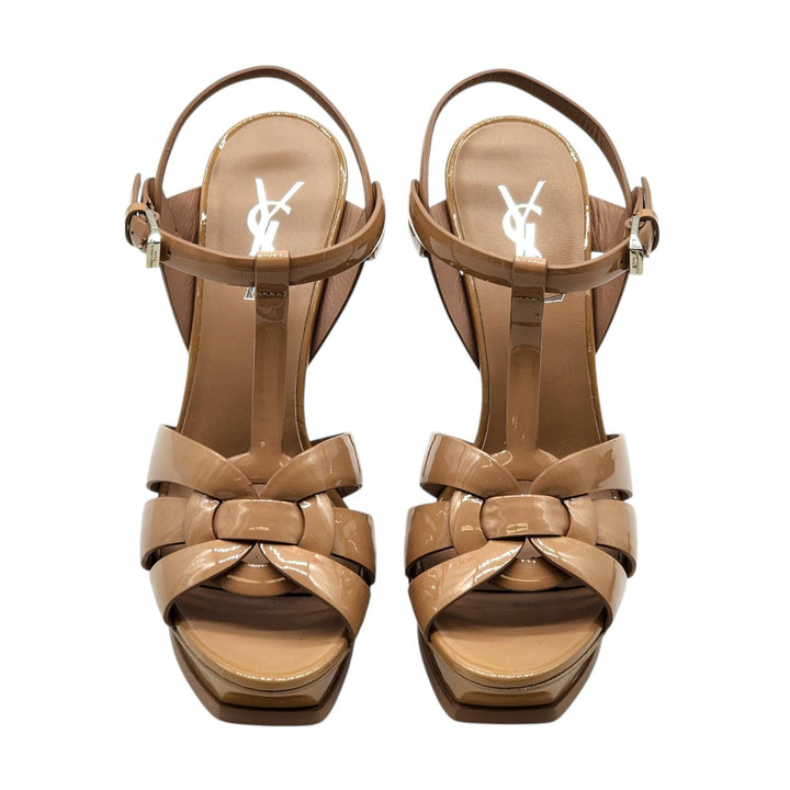 Saint Laurent Tribute Platform Leather Sandals Pumps Tan Brown
