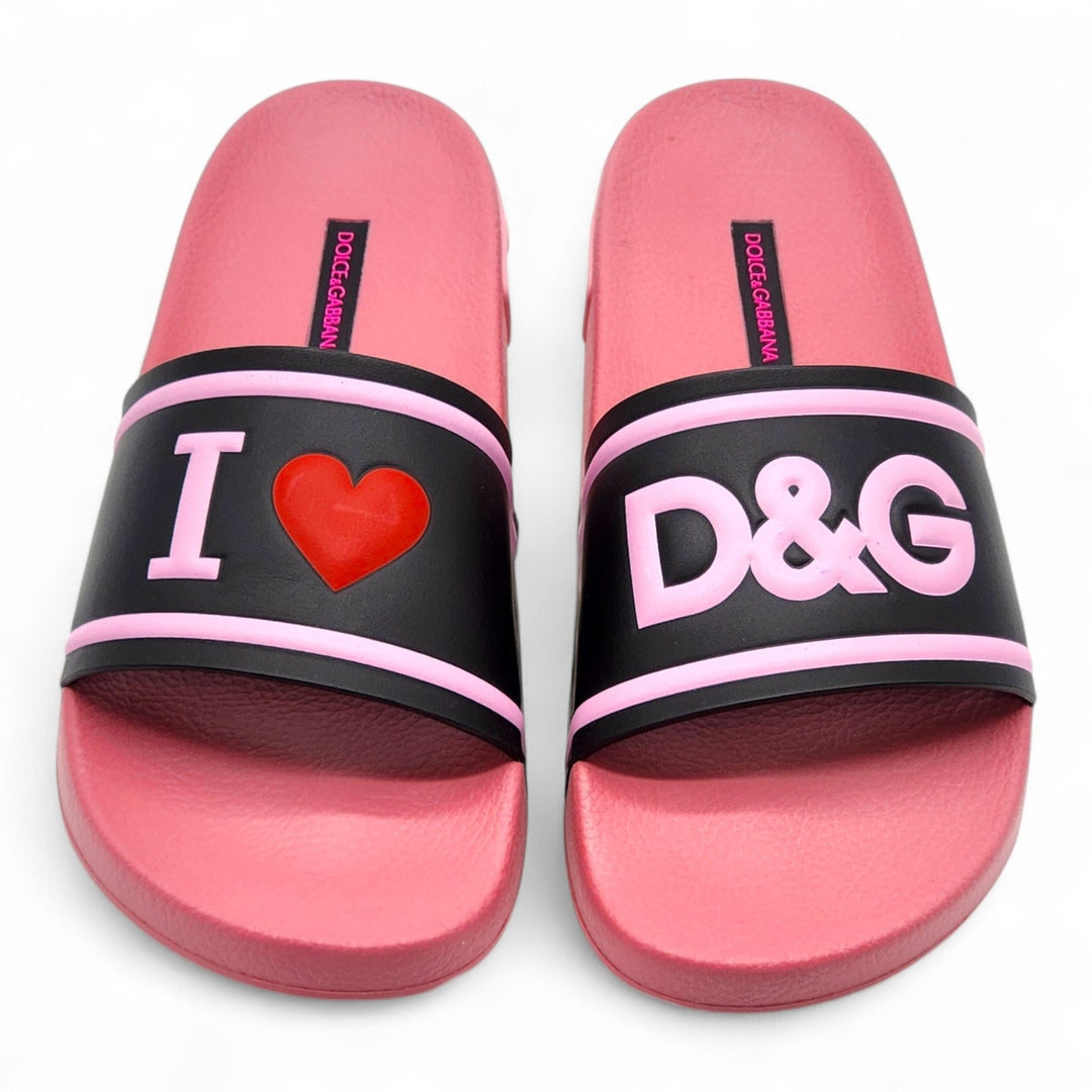 Dolce & Gabbana Logo Heart Rubber Pool Slides Pink Black EU 37 US 7