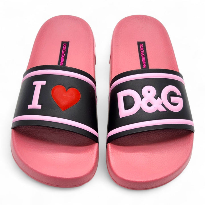 Dolce & Gabbana Logo Heart Rubber Pool Slides Pink Black EU 37 US 7