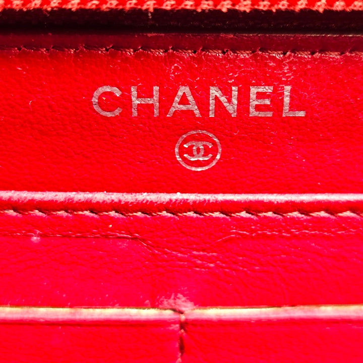 CHANEL Camellia Embossed Red Leather Zip Around Long Wallet Silver CC Logo 19