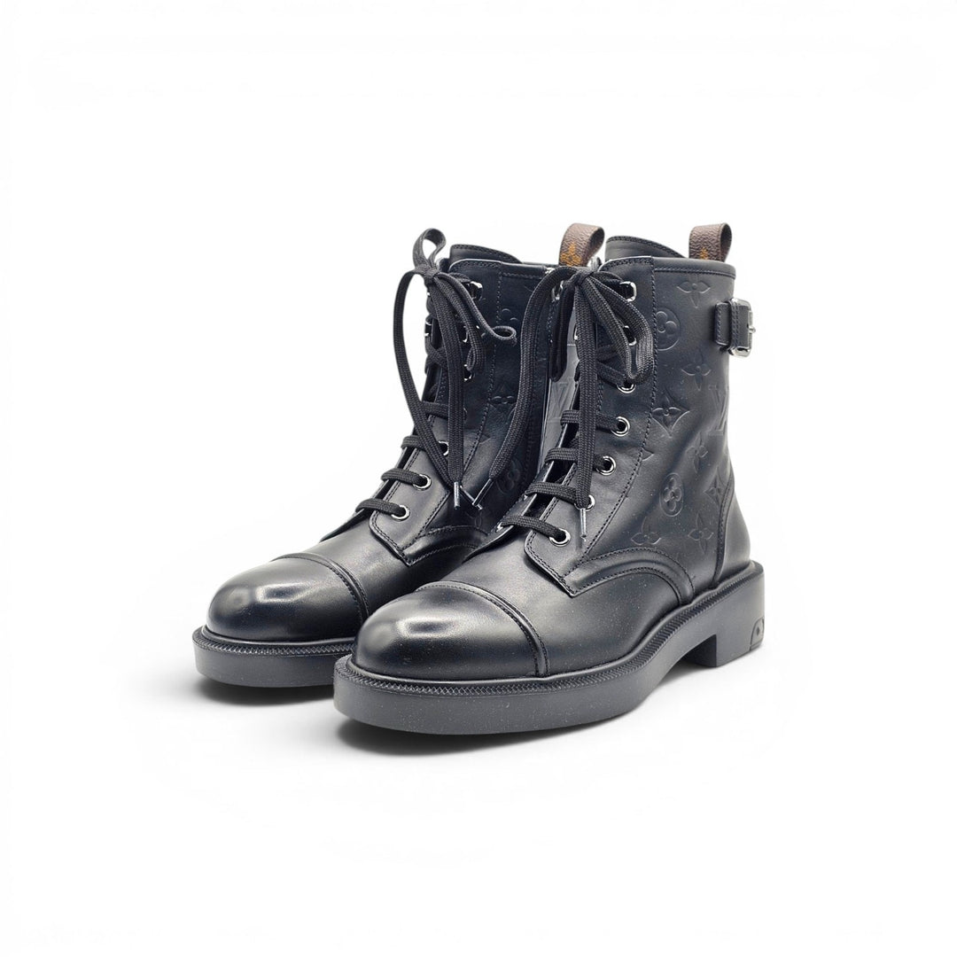 Louis Vuitton Citizen Flat Ranger Boot LV Monogram Embossed Leather Black EU 38