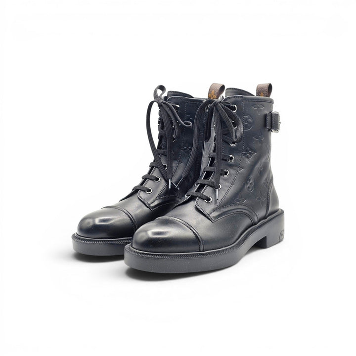 Louis Vuitton Citizen Flat Ranger Boot LV Monogram Embossed Leather Black EU 38