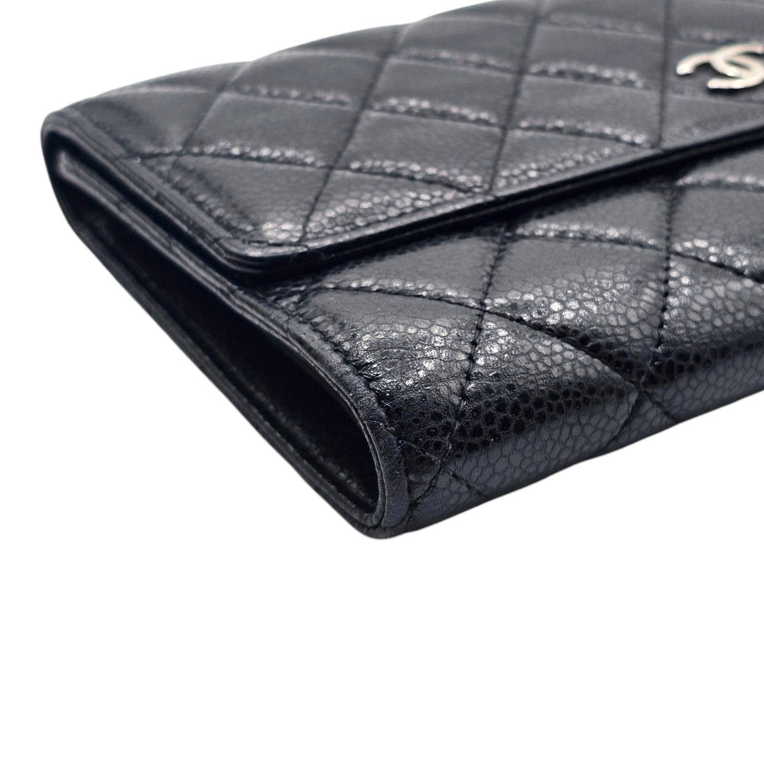 Chanel Timeless Classic Long Flap Trifold Wallet Black Caviar Leather Silver CC