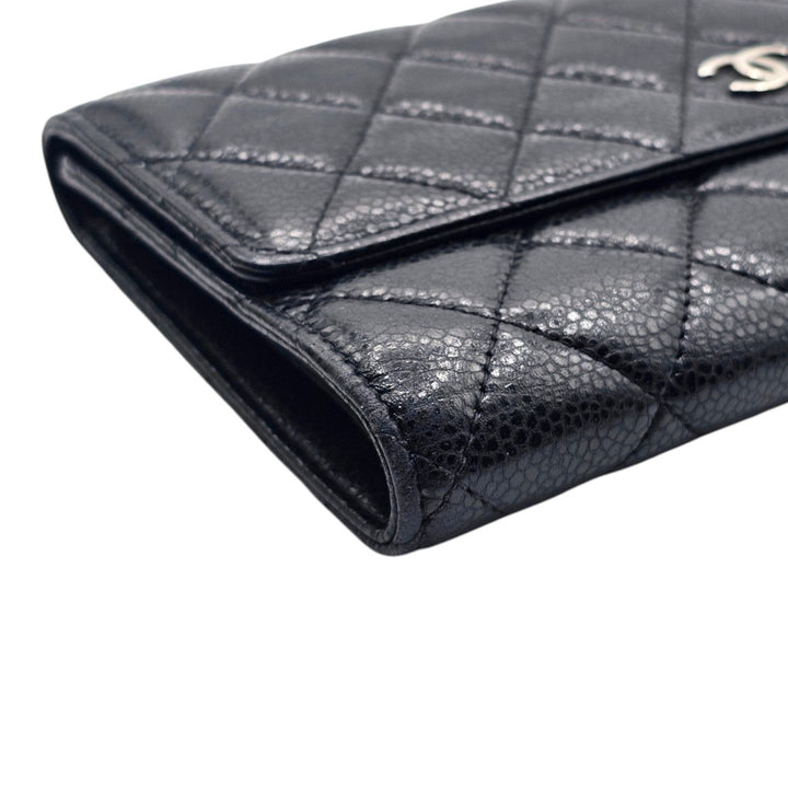 Chanel Timeless Classic Long Flap Trifold Wallet Black Caviar Leather Silver CC