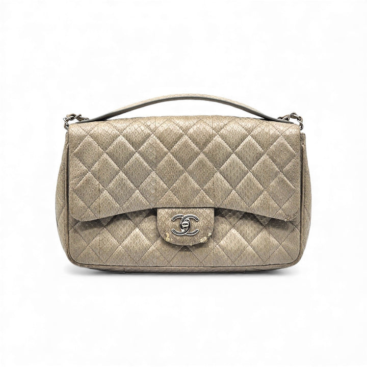 Chanel Python Easy Carry Medium Classic Flap Bag Top Handle Beige