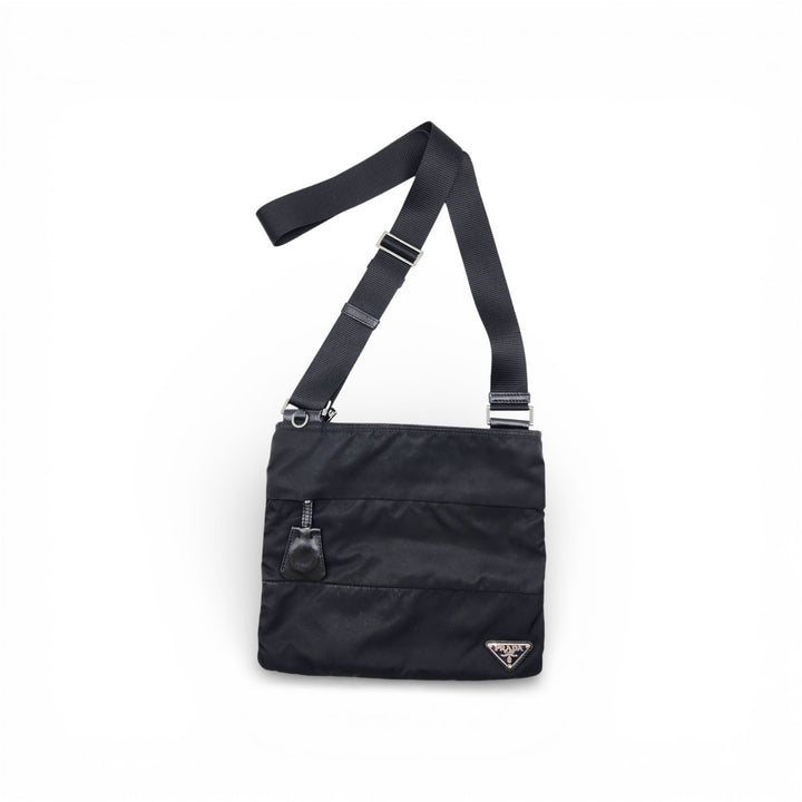 Prada Unisex Triangle Logo Nylon and Leather Crossbody Shoulder Bag Black