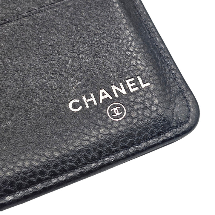 Chanel Timeless Classic Long Flap Trifold Wallet Black Caviar Leather Silver CC