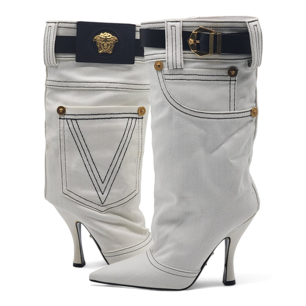 Versace Denim Cowboy Boots White 36