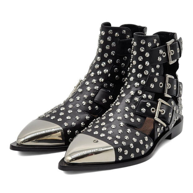 Alexander McQueen Studded Cage Leather Booties in Black 36