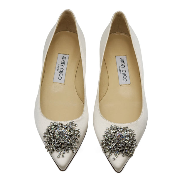 Jimmy Choo Love Embellished Satin Flat Ballerina Shoes in White (36.5)