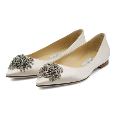 Jimmy Choo Love Embellished Satin Flat Ballerina Shoes in White (36.5)