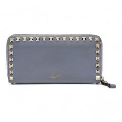 Valentino Rockstud Leather Ziparound Organizer Wallet in Light Blue