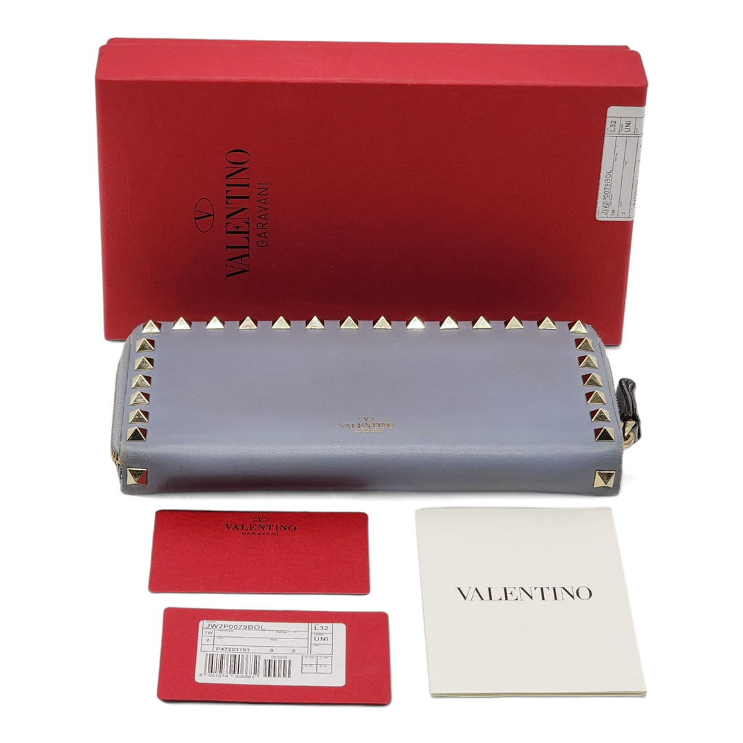 Valentino Rockstud Leather Ziparound Organizer Wallet in Light Blue
