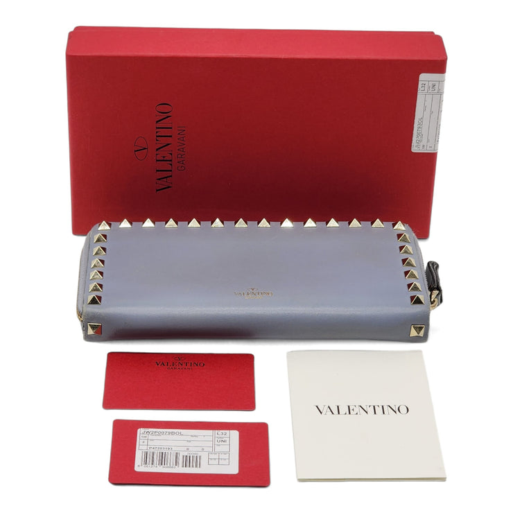 Valentino Rockstud Leather Ziparound Organizer Wallet in Light Blue