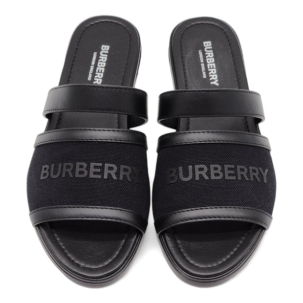 Burberry Honour Canvas and Leather Flat Sandals in Black