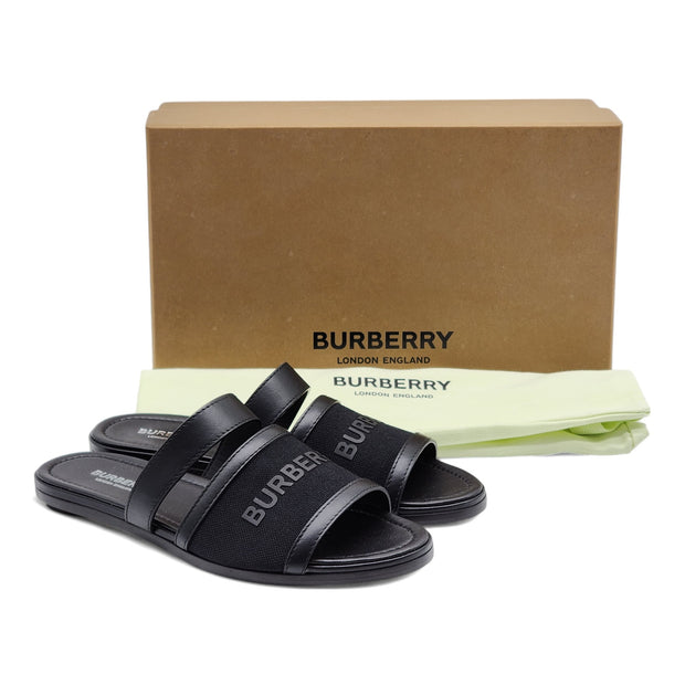 Burberry Honour Canvas and Leather Flat Sandals in Black