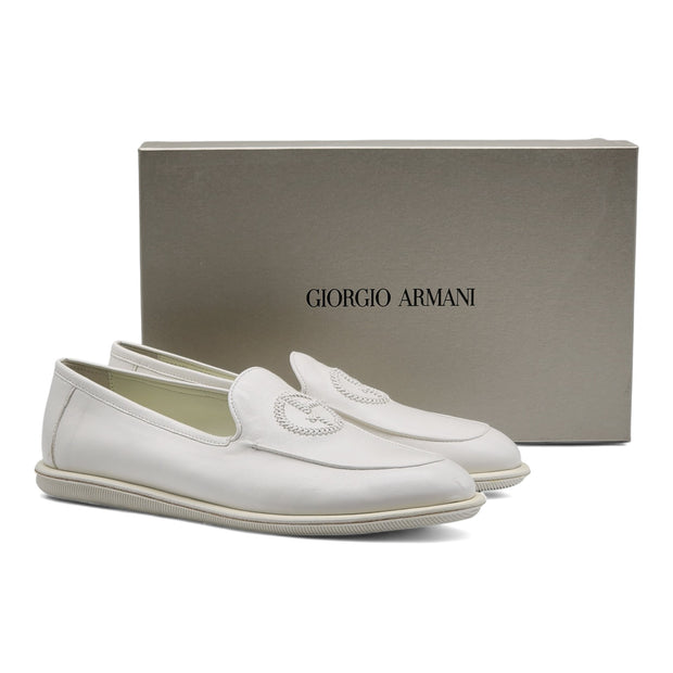 Giorgio Armani Vintage Nappa Leather Loafers with Embroidered Logo in White