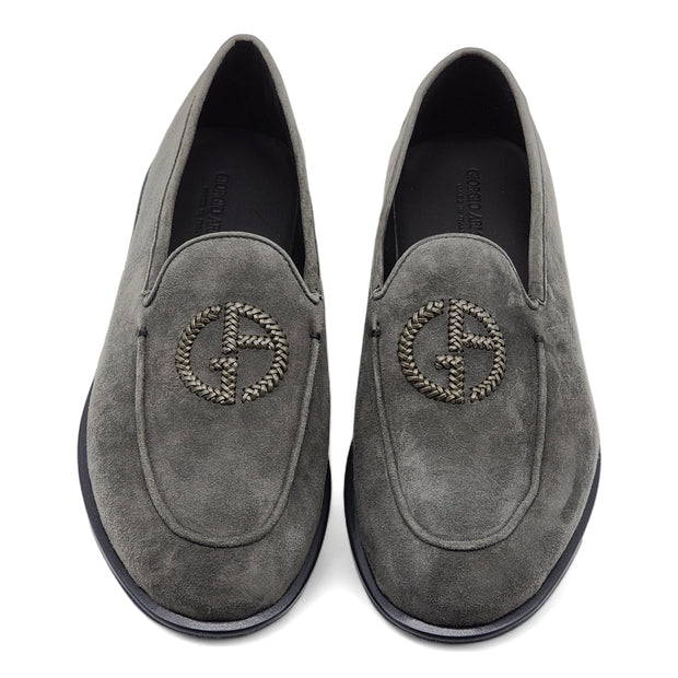 Giorgio Armani Suede Loafers with Embroidered Logo in Gray (7)