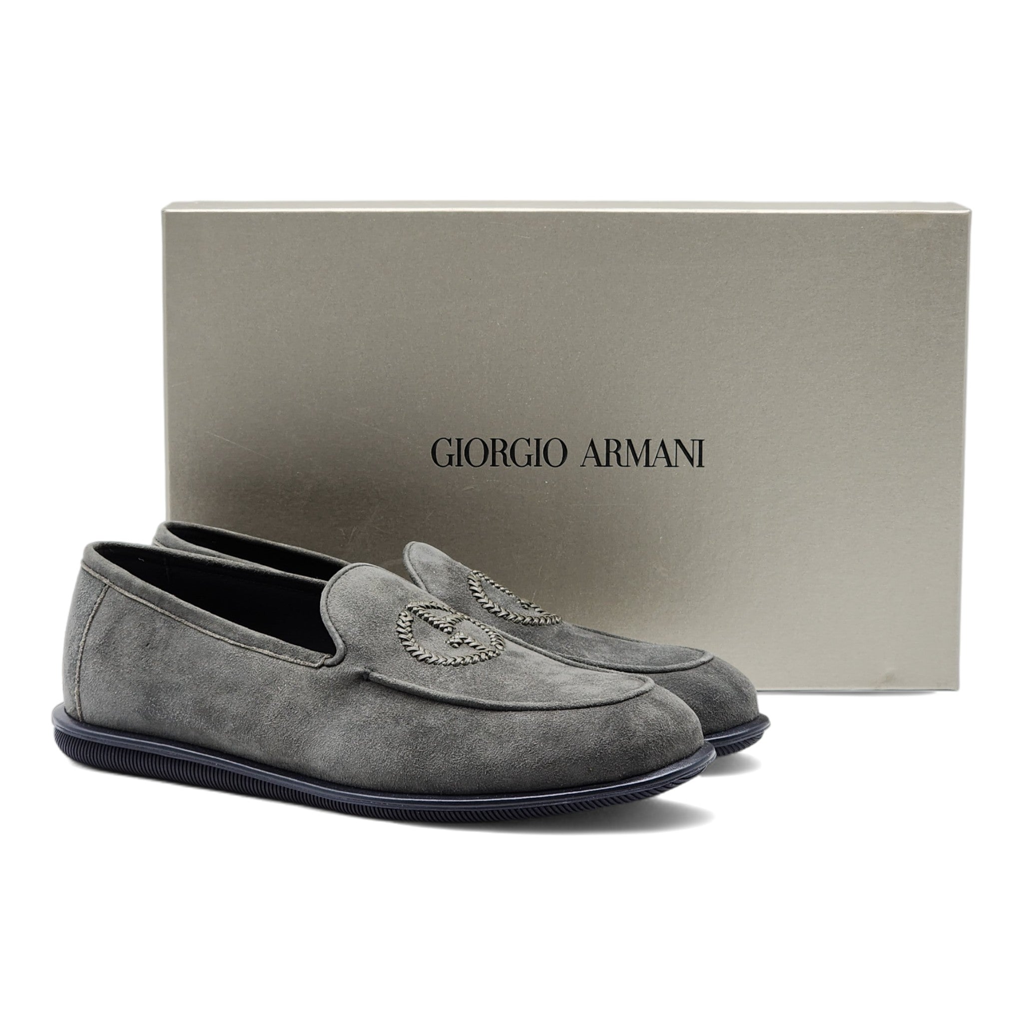 Giorgio Armani Suede Loafers with Embroidered Logo in Gray EU 40
