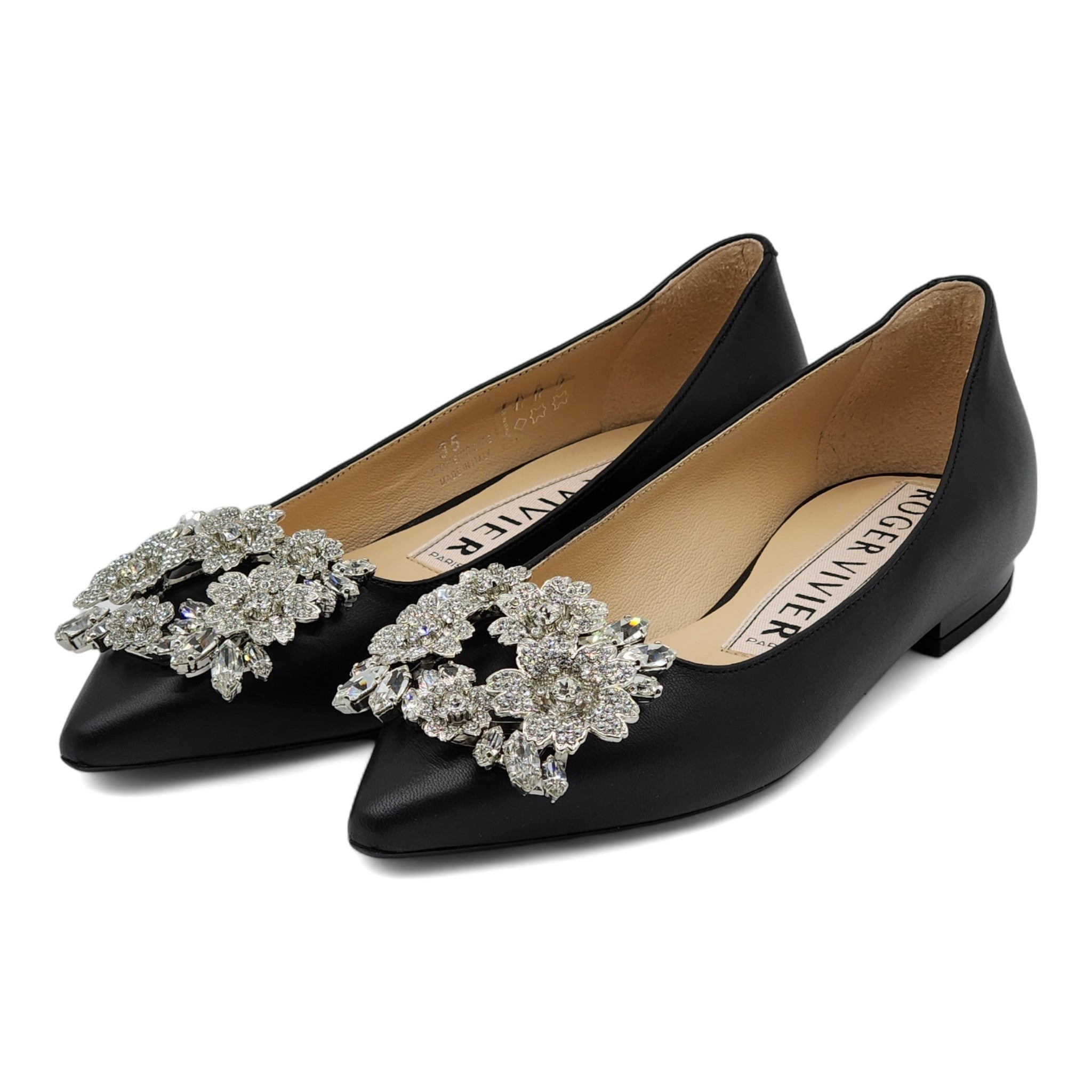 Roger Vivier Flower Strass Leather Ballet Leather Flats Black