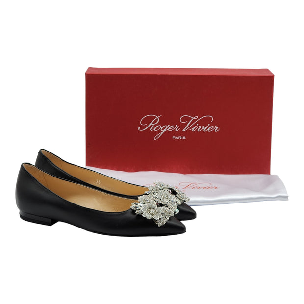 Roger Vivier Flower Strass Leather Ballet Flats - Leather - Black