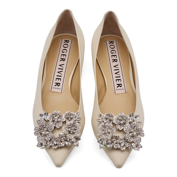 Roger Vivier Flower Strass Leather Ballet Flats - Leather - Ivory