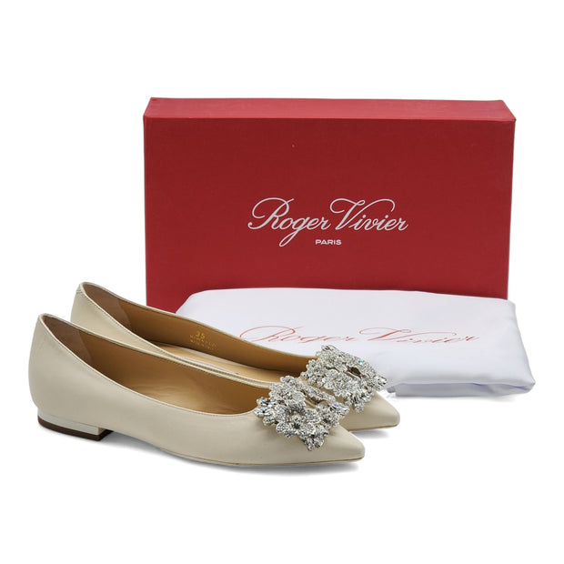 Roger Vivier Flower Strass Leather Ballet Flats - Leather - Ivory