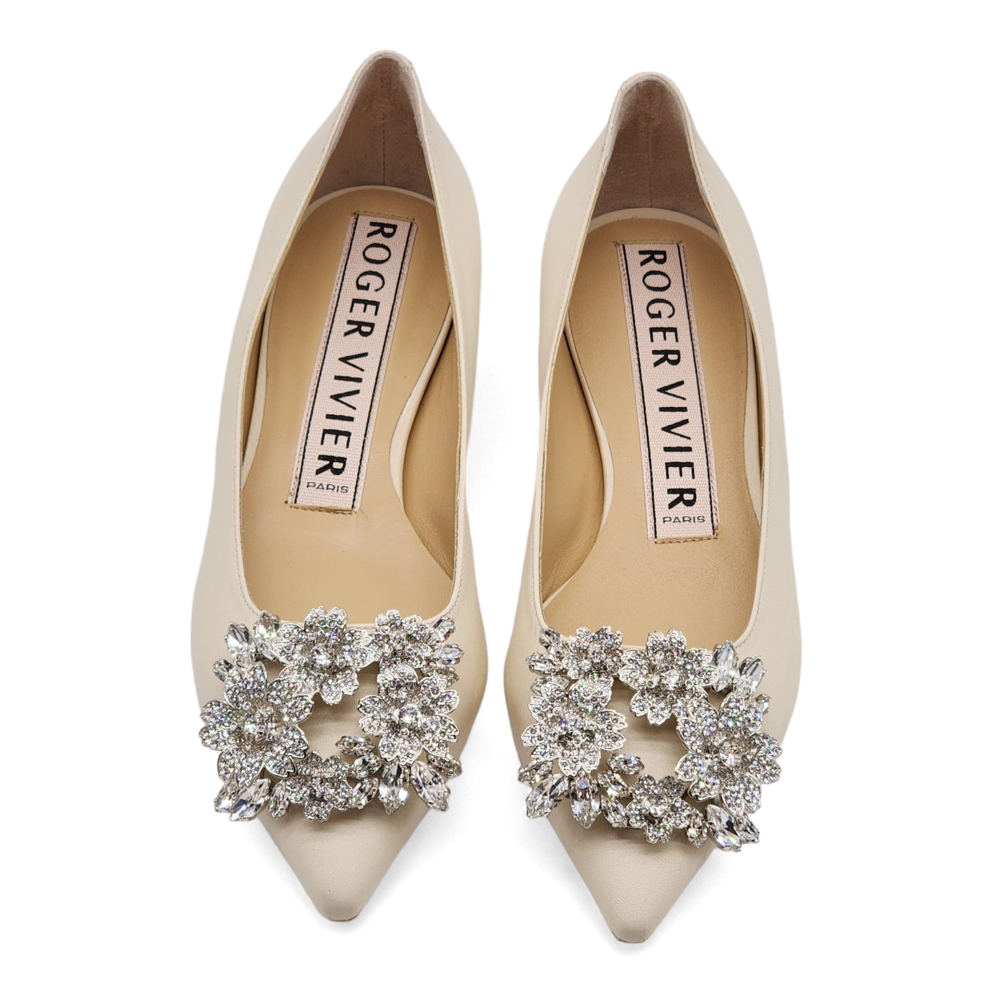 Roger Vivier Flower Strass Leather Ballet Leather Flats Ivory