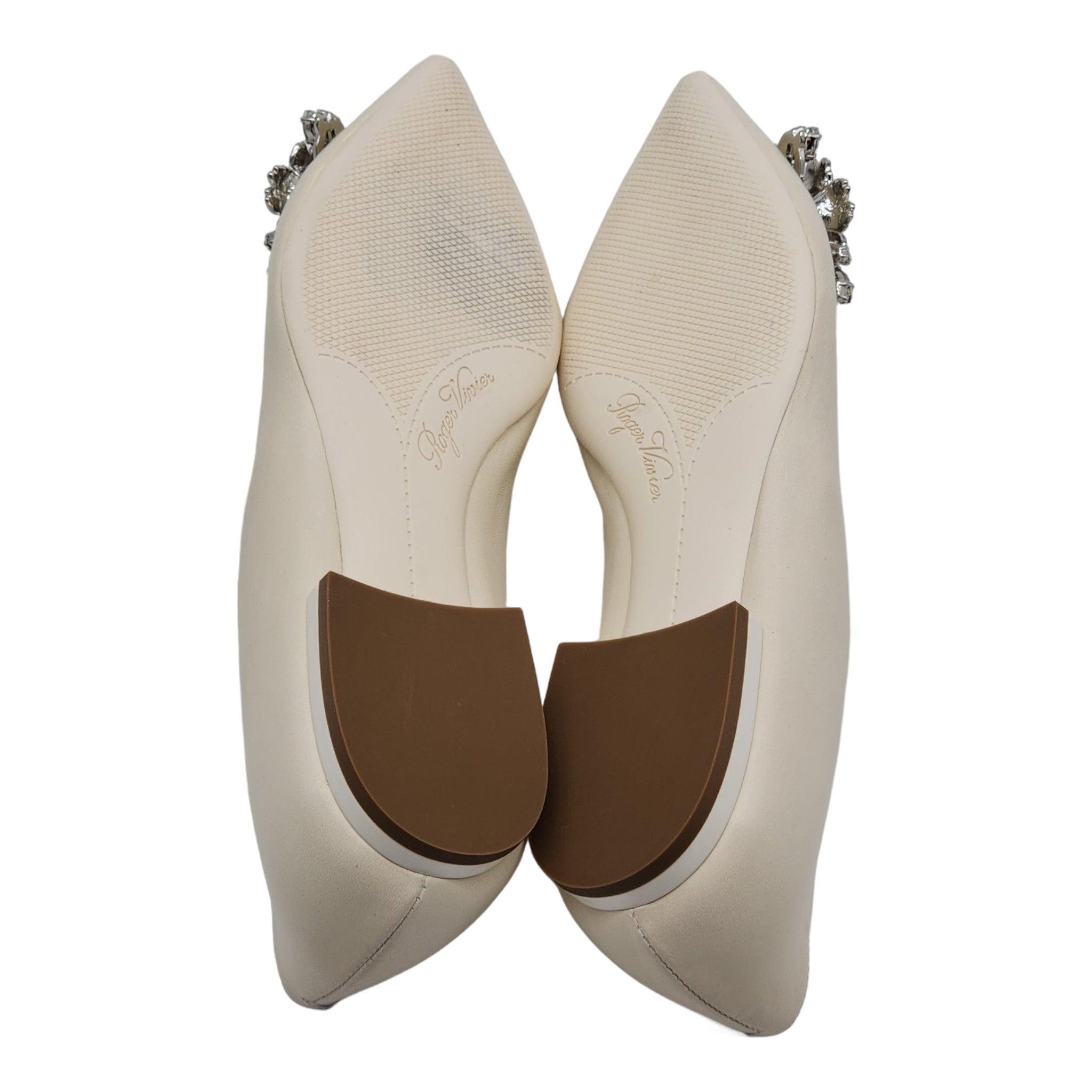 Roger Vivier Flower Strass Leather Ballet Leather Flats Ivory