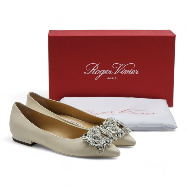 Roger Vivier Flower Strass Leather Ballet Flats - Leather - Ivory