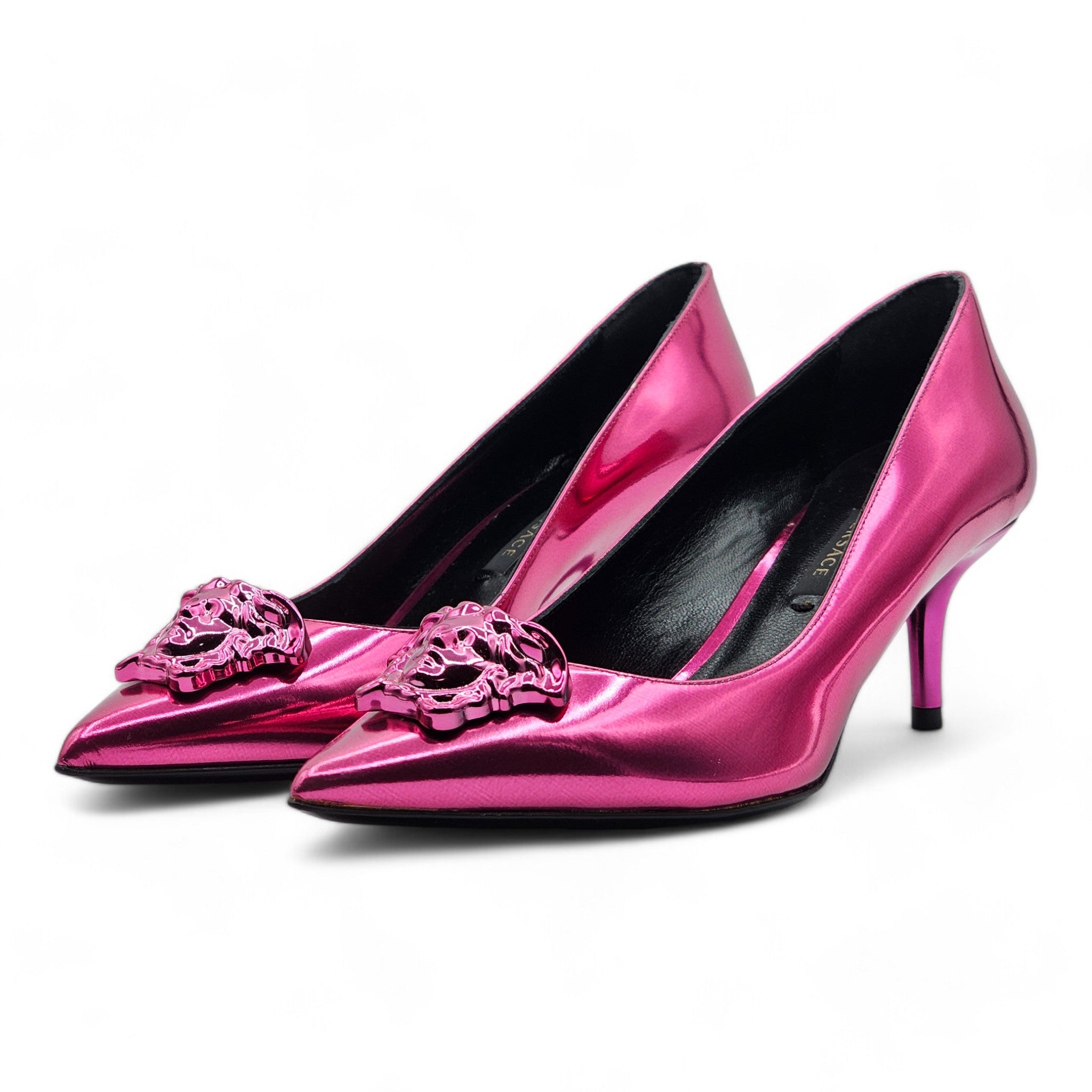Versace Le Medusa Kitten Heel Leather Pumps Fuchsia Pink EU 37.5
