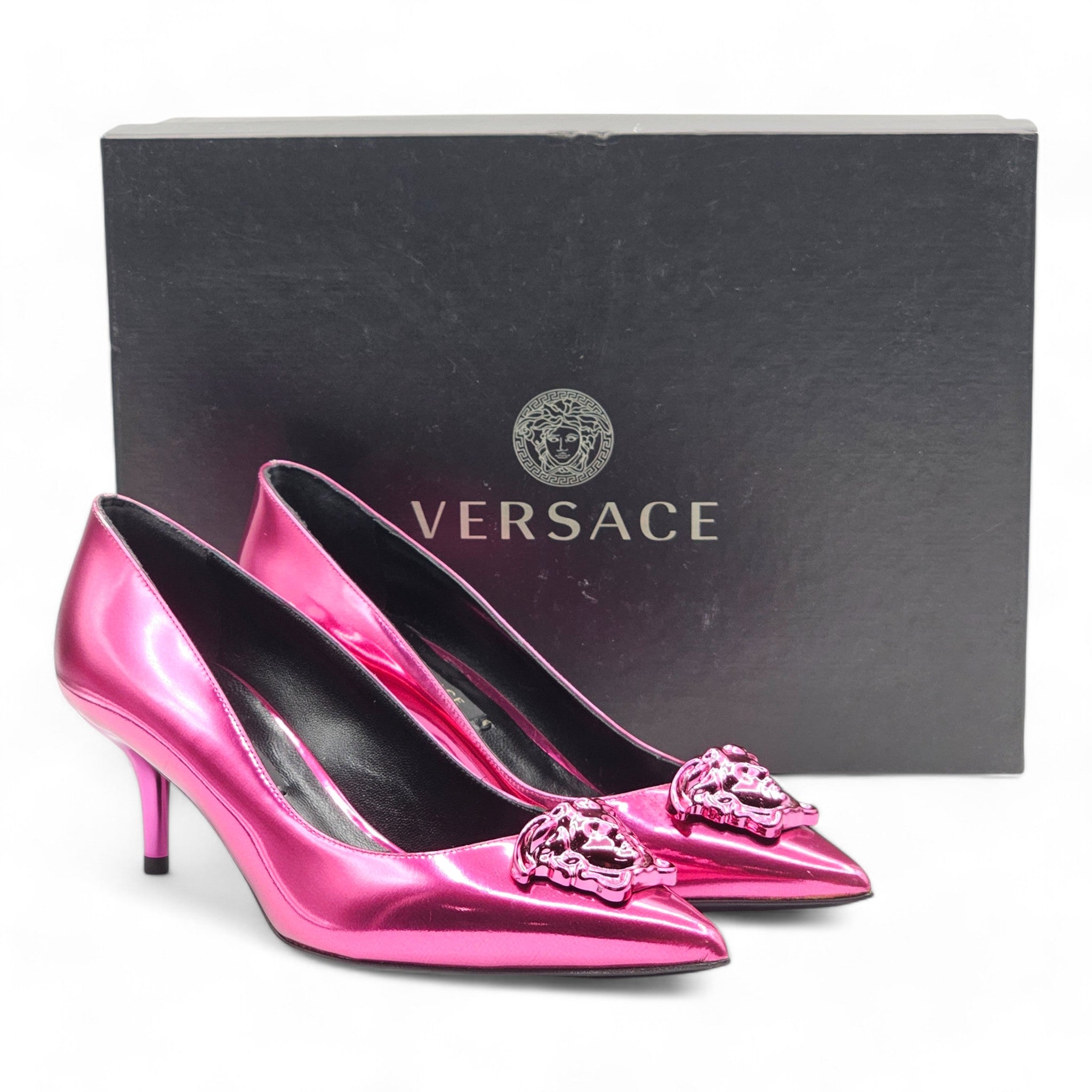 Versace Le Medusa Kitten Heel Leather Pumps Fuchsia Pink EU