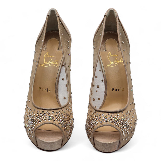 Christian Louboutin Very Strass Peep Pumps 120mm - Net - Nude