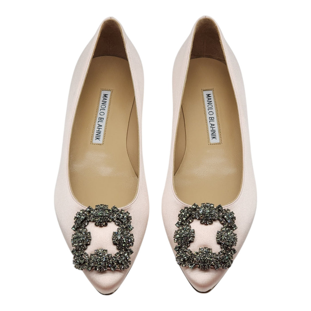 Manolo Blahnik Hangisiflat Jewel Buckle Flat Pumps - Satin - Light Pink 36