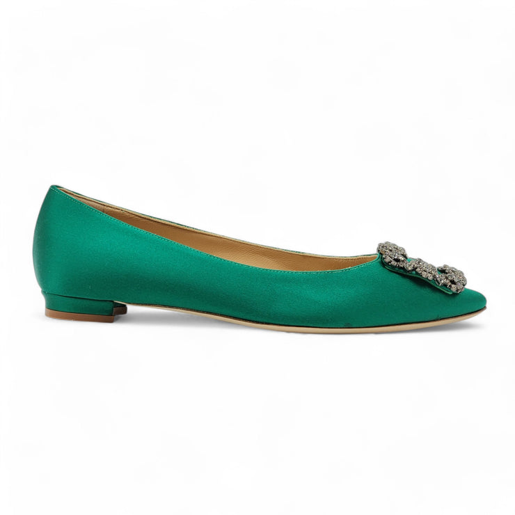 Manolo Blahnik Hangisiflat Jewel Buckle Flat Pumps - Satin - Green 36