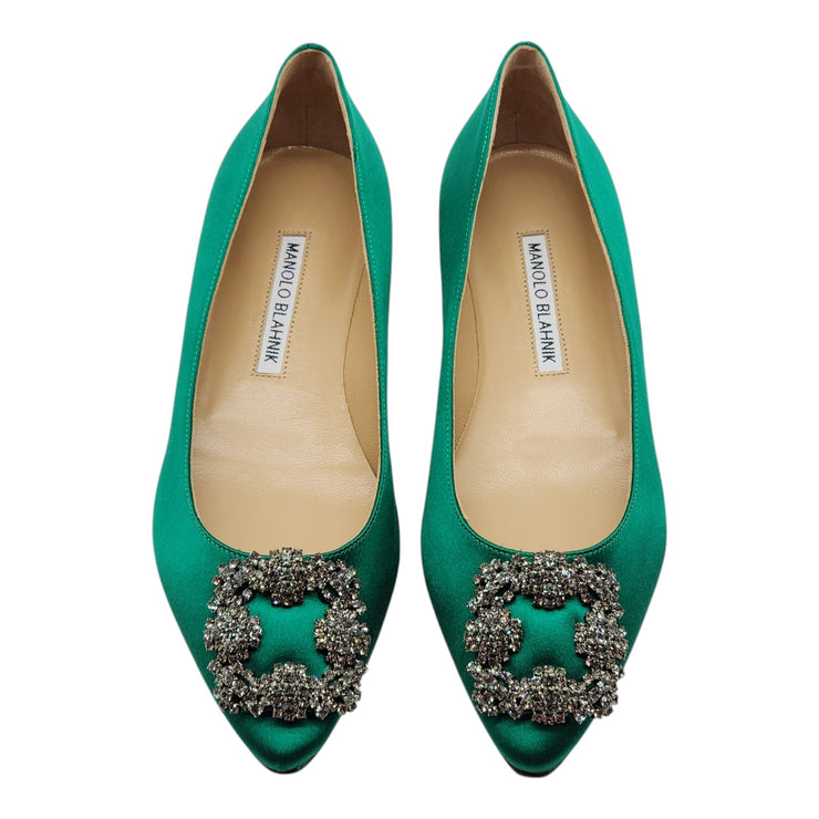 Manolo Blahnik Hangisiflat Jewel Buckle Flat Pumps - Satin - Green 36