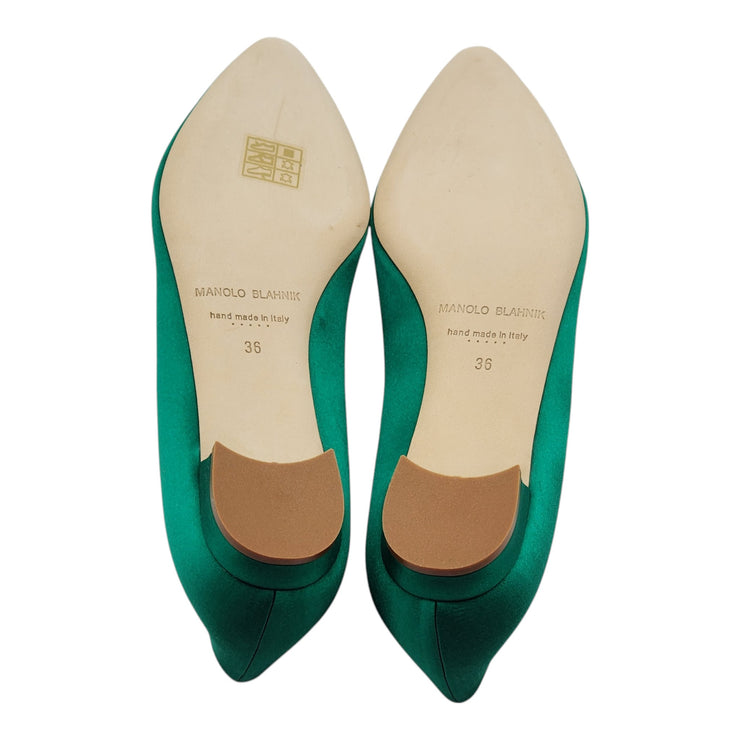 Manolo Blahnik Hangisiflat Jewel Buckle Flat Pumps - Satin - Green 36