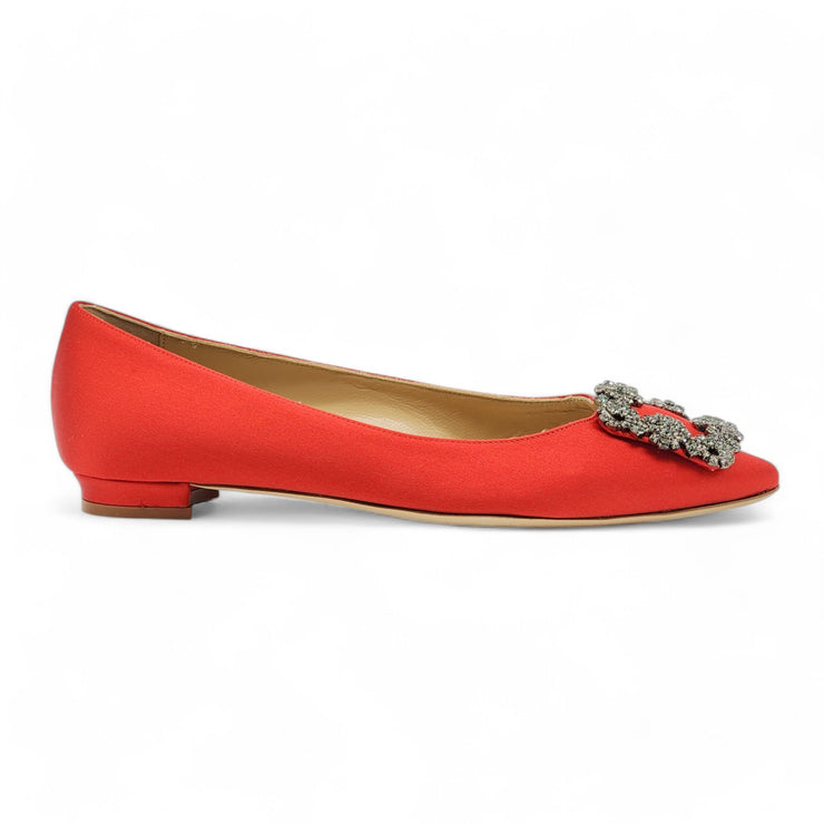 Manolo Blahnik Hangisiflat Jewel Buckle Flat Pumps - Satin - Red 35