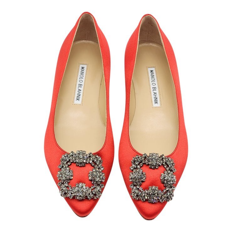 Manolo Blahnik Hangisiflat Jewel Buckle Flat Pumps - Satin - Red 35