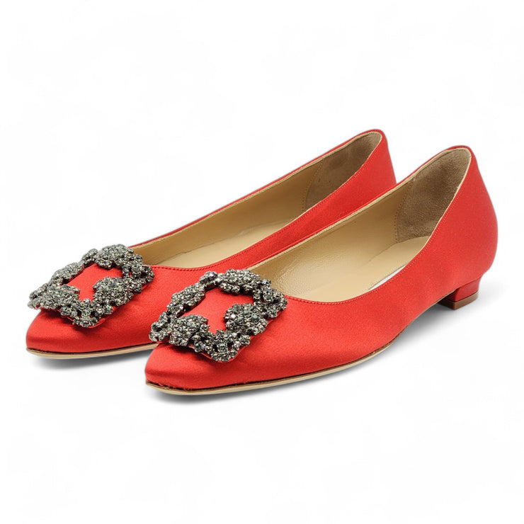 Manolo Blahnik Hangisiflat Jewel Buckle Flat Pumps - Satin - Red 35