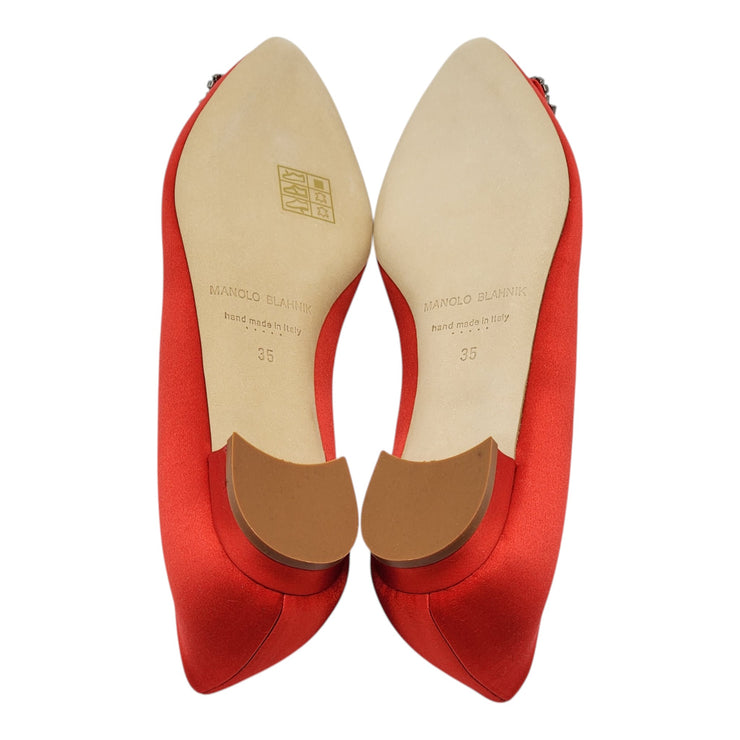 Manolo Blahnik Hangisiflat Jewel Buckle Flat Pumps - Satin - Red 35