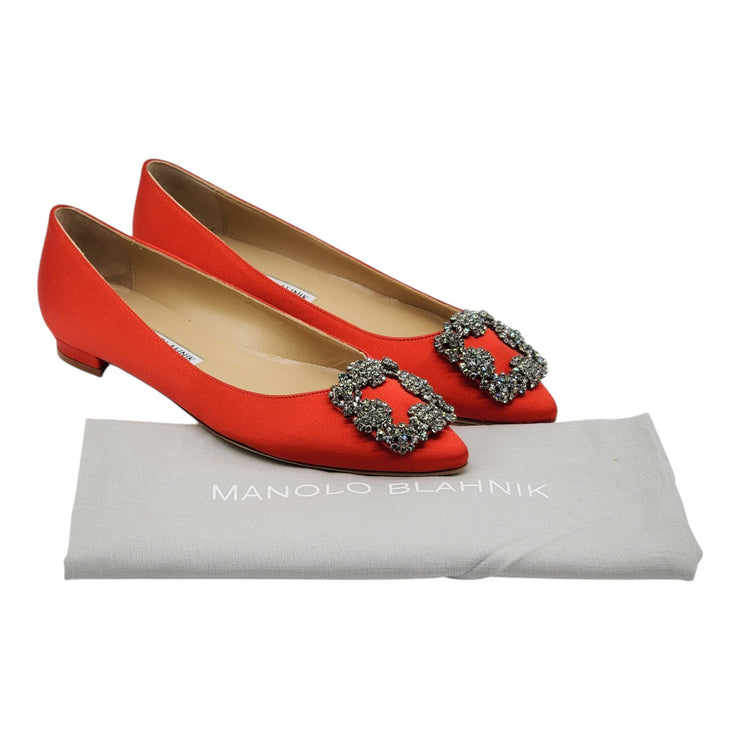 Manolo Blahnik Hangisiflat Jewel Buckle Flat Pumps - Satin - Red 35