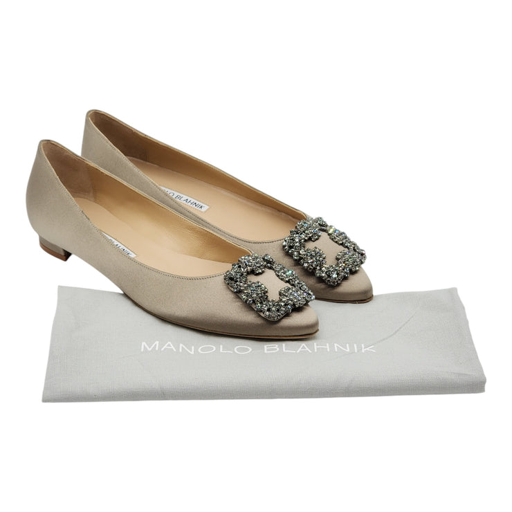 Manolo Blahnik Hangisiflat Jewel Buckle Flat Pumps - Satin - Champagne 36