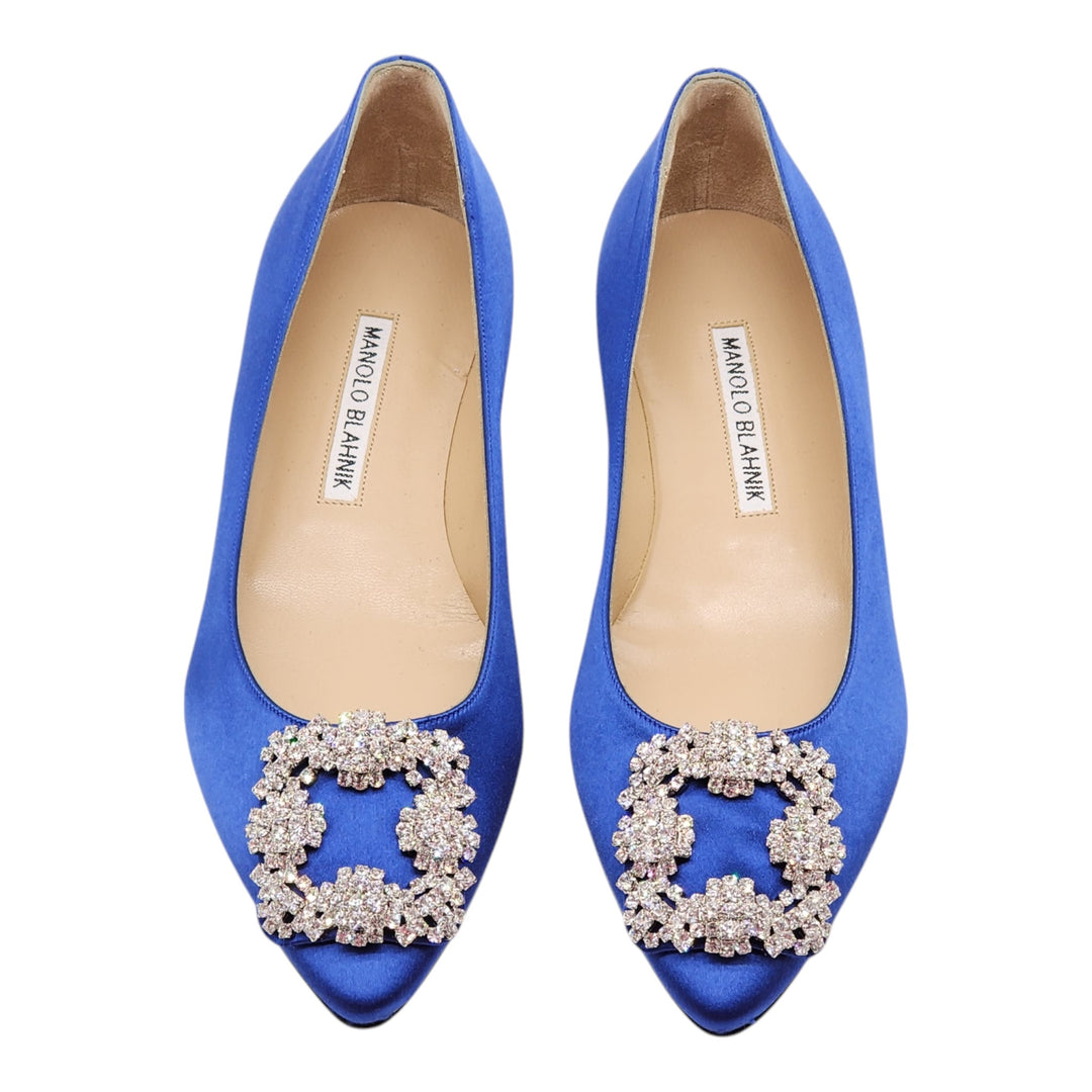 Manolo Blahnik Hangisiflat Jewel Buckle Flat Pumps - Satin - Blue 36